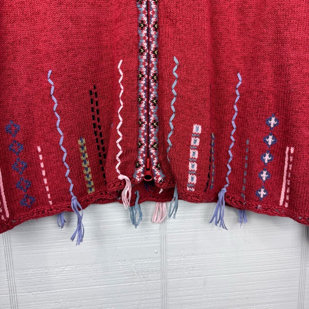 Icelandic Design Red Pattern Full Zip Sweater Fair Isle Tassel Accent Silk Blend - Picture 2 of 7